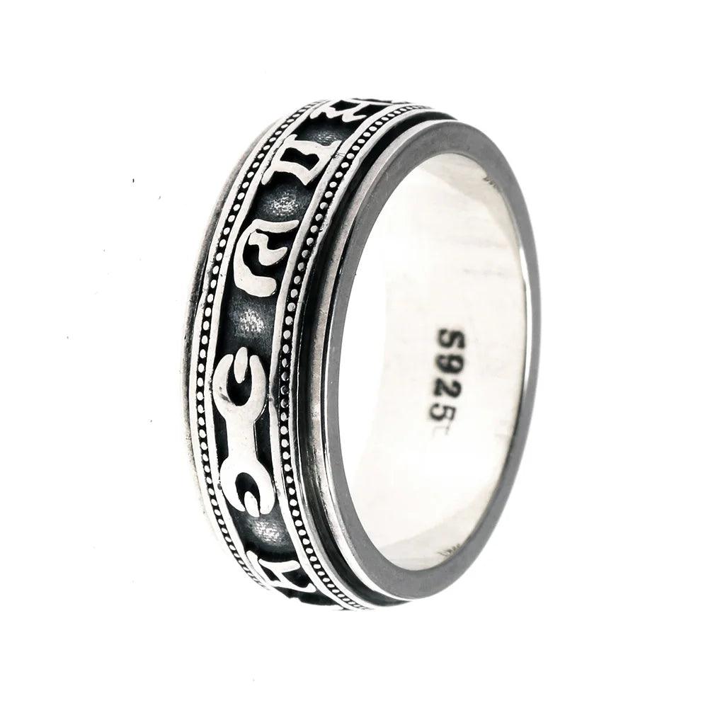 Pure 925 Sterling Silver Spinner Six Words Mantra Rings For Men And Women Rotatable Vintage Style Om Mani Padme Hum FIne Jewelry - GQTORCH Jewelry
