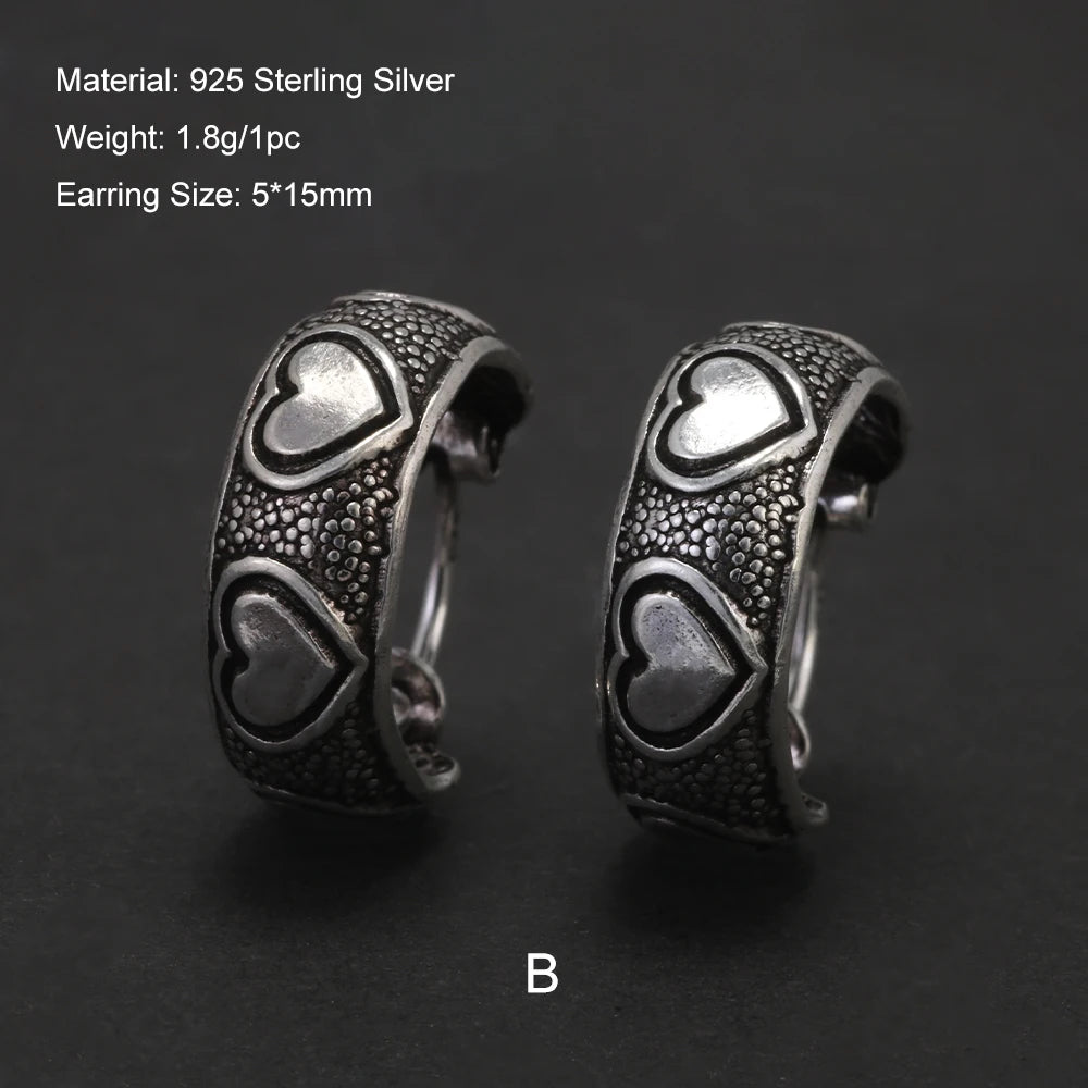 Real 925 Sterling Silver Retro Hoop Earrings for Women Men Geometric Heart Wheat Leaf Whale Vintage Punk Rock Ear Jewelry Gift