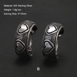 Real 925 Sterling Silver Retro Hoop Earrings for Women Men Geometric Heart Wheat Leaf Whale Vintage Punk Rock Ear Jewelry Gift