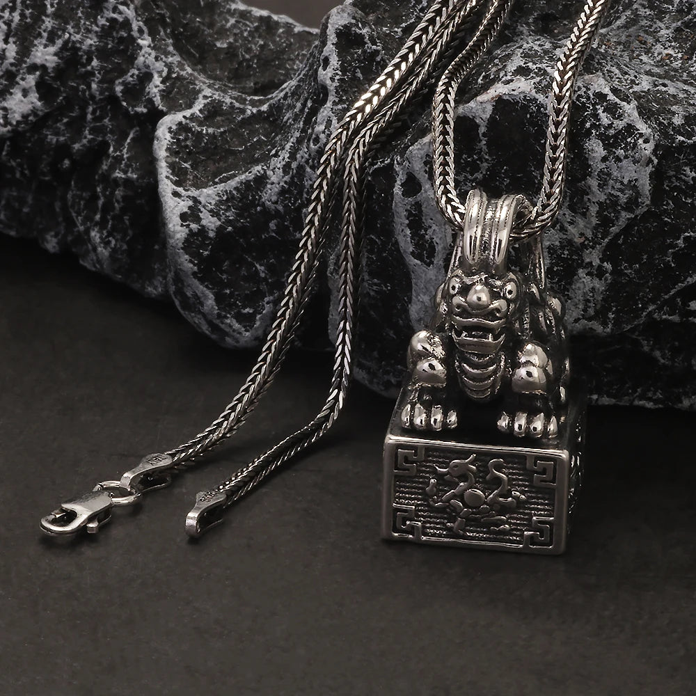 Solid 925 Sterling Silver Ancient Pixiu Signet Pendant Necklace for Men Good Wealth Amulet Feng Shui Vintage Retro Jewelry