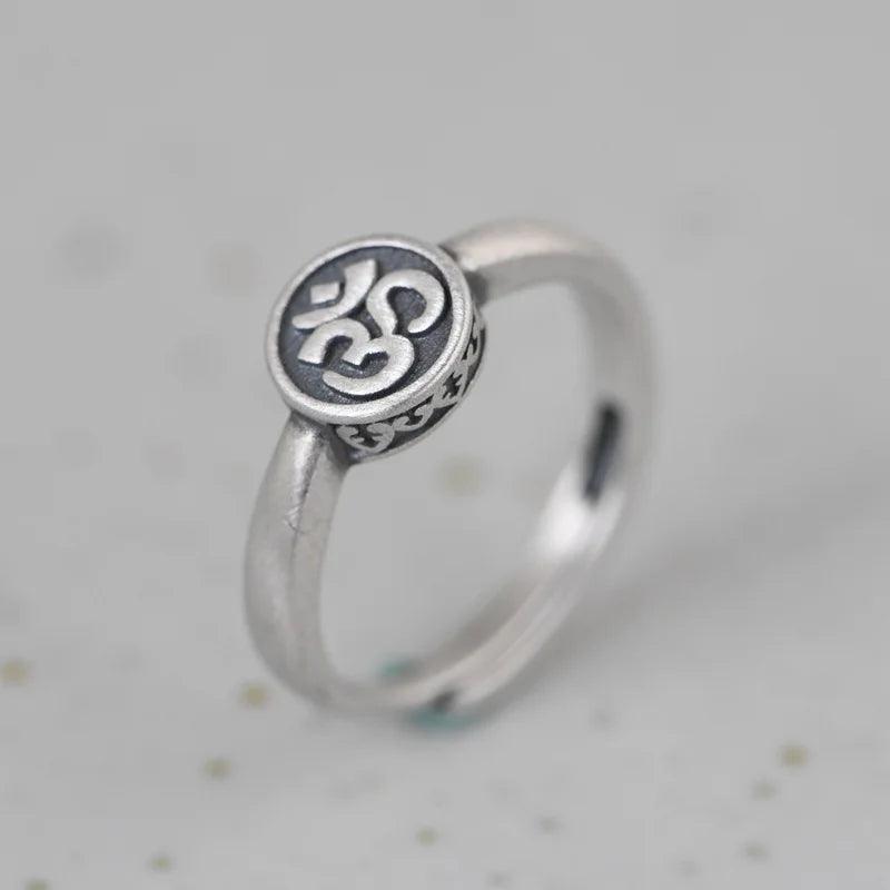 Real 925 Sterling Silver Mantra OM Ring for Men and Women Matte & Polished Opening Type Resizable Buddhism Jewelry - GQTORCH Jewelry
