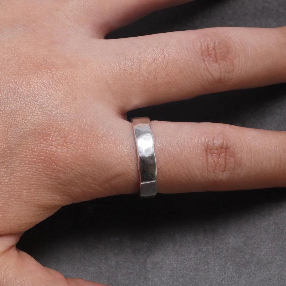 Sterling Silver S925 Bright Hand Hammer Pattern Men's and Women's Rings Minimalist Adjustable Jewelry - GQTORCH Jewelry