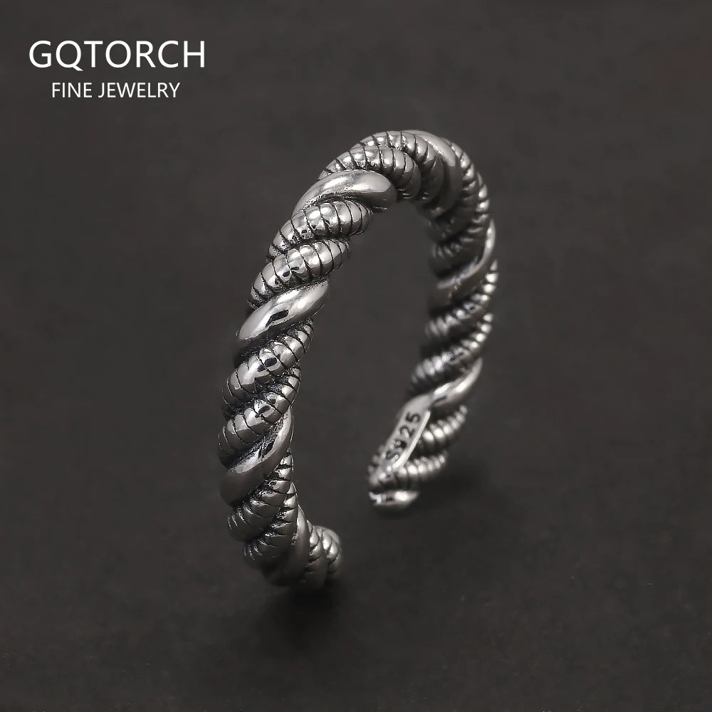 925 Sterling Silver Twisted Ring for Women Men Adjustable Braided Twist Rope Rings Simple Retro Fashion Handmade Party Jewelry