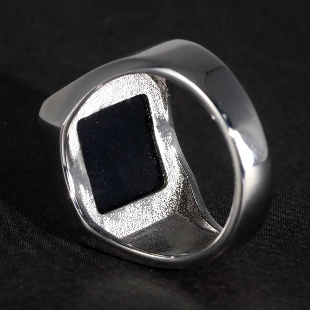 Solid 925 Sterling Silver Square Plain Ring for Men With Natural Black Agate Simple Rustic Flat Top Hallmarked Band Male Jewelry - GQTORCH Jewelry