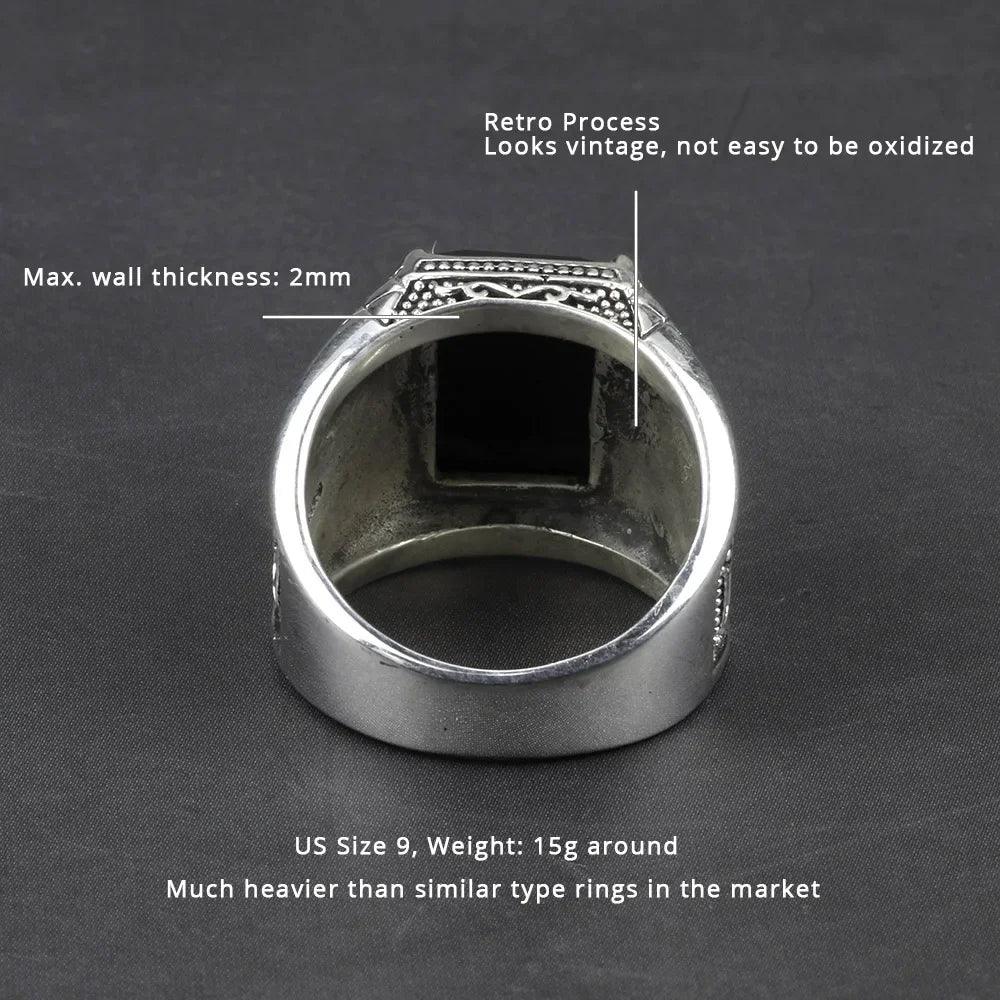 Real Pure 925 Sterling Silver Mens Signet Rings With Black Onyx Natural Stone Retro Flower Engraved Punk Rock Vintage Jewelry - GQTORCH Jewelry