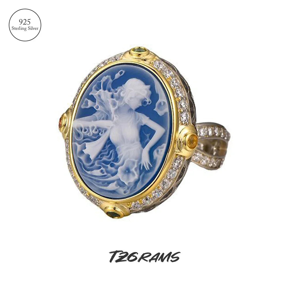 925 Sterling Silver Blue Agate Goddess Cameo Ring for Women Statement Rings White Shell Two Tone Trending Jewelry Accessories