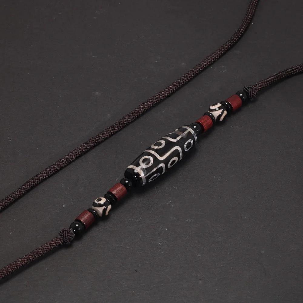 Natural Tibetan Onyx 3 Eyes Dzi Pendant Necklace Adjustable Rope Chain Choker Necklace For Women And Men Buddhism Jewelry - GQTORCH Jewelry