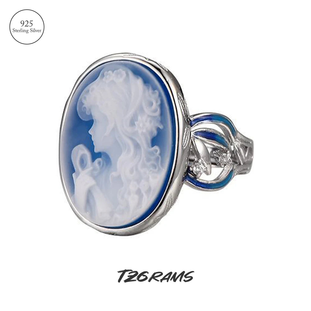 925 Sterling Silver Blue Agate Goddess Cameo Ring for Women White Shell Oval Shaped Fashion Statement Ring Vintage Jewelry