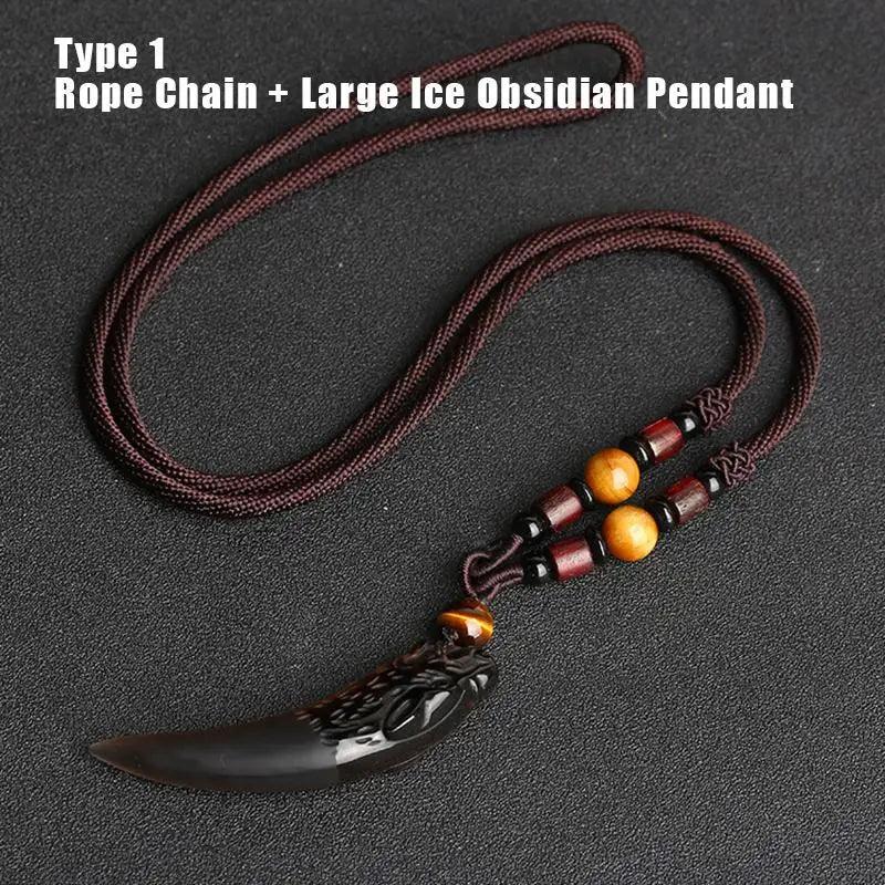 Natural Stone Black And Ice Obsidian Pendant Necklace Wolf Tooth Amulets And Talismans Couple Necklace For Women And Men - GQTORCH Jewelry
