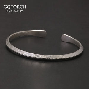 Solid 925 Sterling Silver Hammered Bangle 4mm Open Cuff Bracelet for Women Men Urban Minimalist Chic Retro Party Jewelry