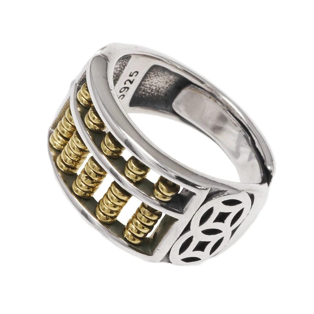 Real S925 Vintage Sterling Silver Wealth Coin Abacus Ring Open Style Men's and Women's Feng Shui Jewelry - GQTORCH Jewelry