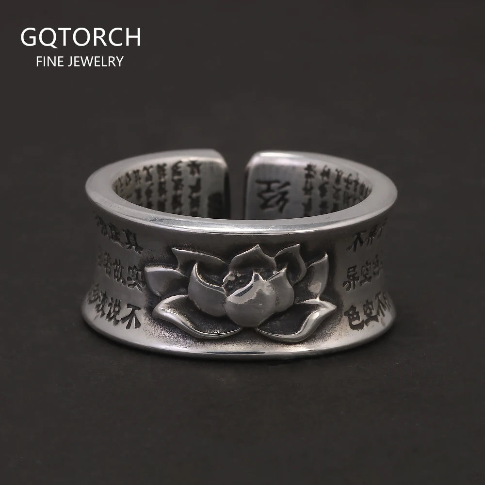999 Pure Silver Lotus Ring Heart Sutra Engraved Adjustable Men Women Lucky Runes Vintage Retro Buddhism Jewelry