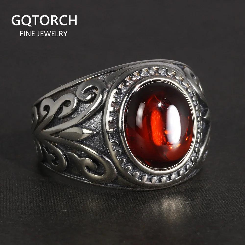 Real 925 Sterling Silver Jewelry Vintage Rings For Men Engraved Flowers With Red Garnet Natural Stone Fine Jewellery - GQTORCH Jewelry