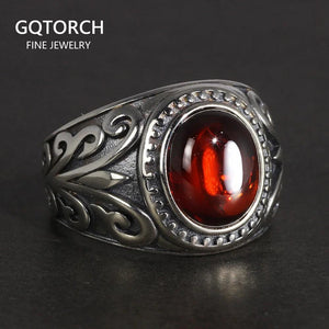 Real 925 Sterling Silver Jewelry Vintage Rings For Men Engraved Flowers With Red Garnet Natural Stone Fine Jewellery - GQTORCH Jewelry