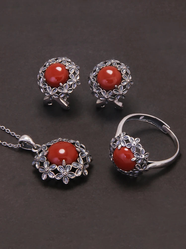 925 Sterling Silver Red Agate or Jade Floral Jewelry Set for Women Begonia Flower Ring Earrings Necklace Elegant Vintage Jewelry