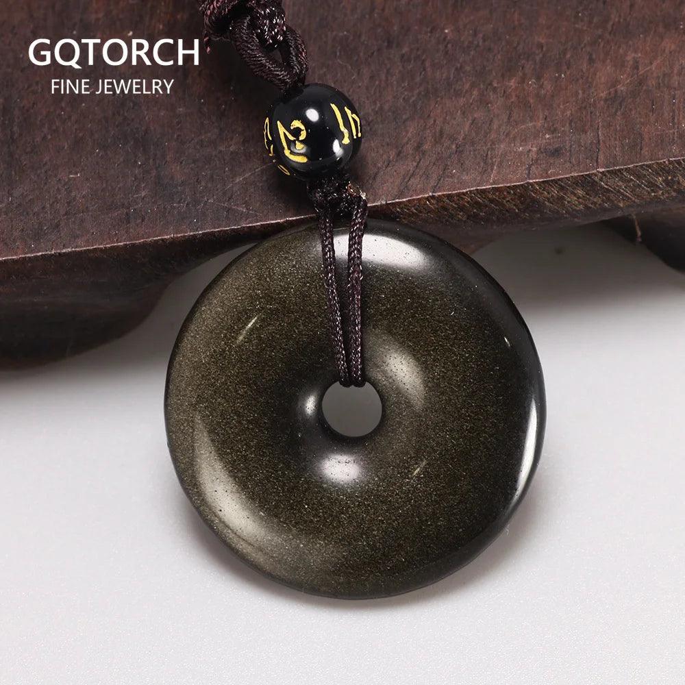 Natural Stone Pendant Necklace Obsidian 30mm Peace Buckle Amulet For Women Men Lucky Jewelry - GQTORCH Jewelry
