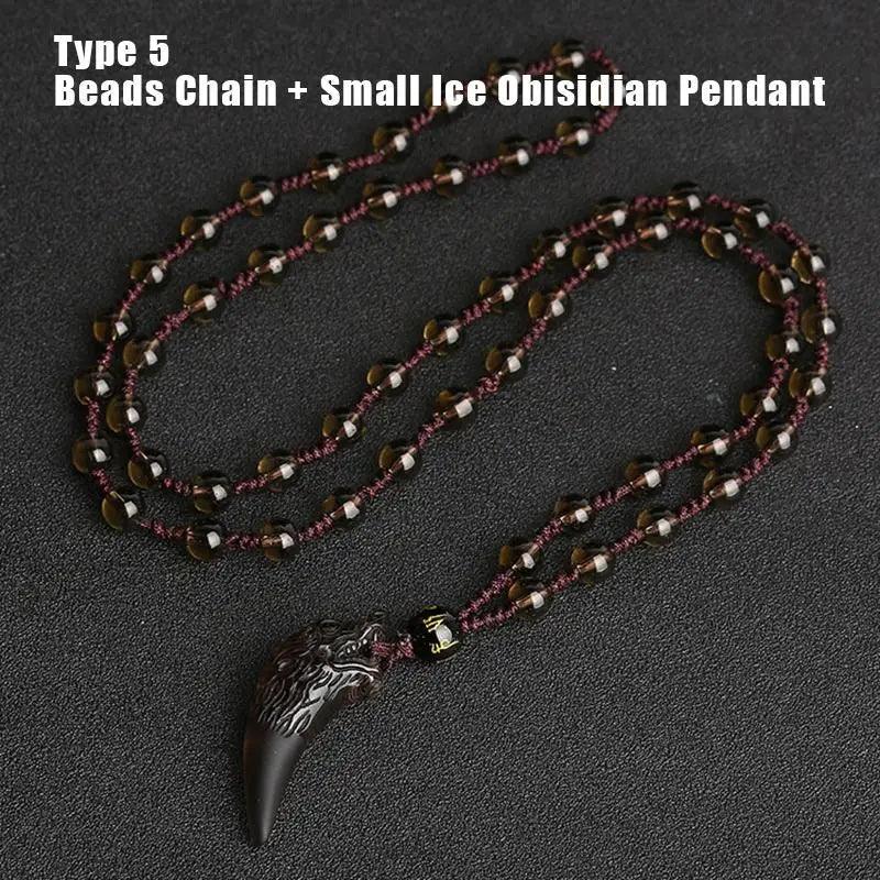Natural Stone Black And Ice Obsidian Pendant Necklace Wolf Tooth Amulets And Talismans Couple Necklace For Women And Men - GQTORCH Jewelry