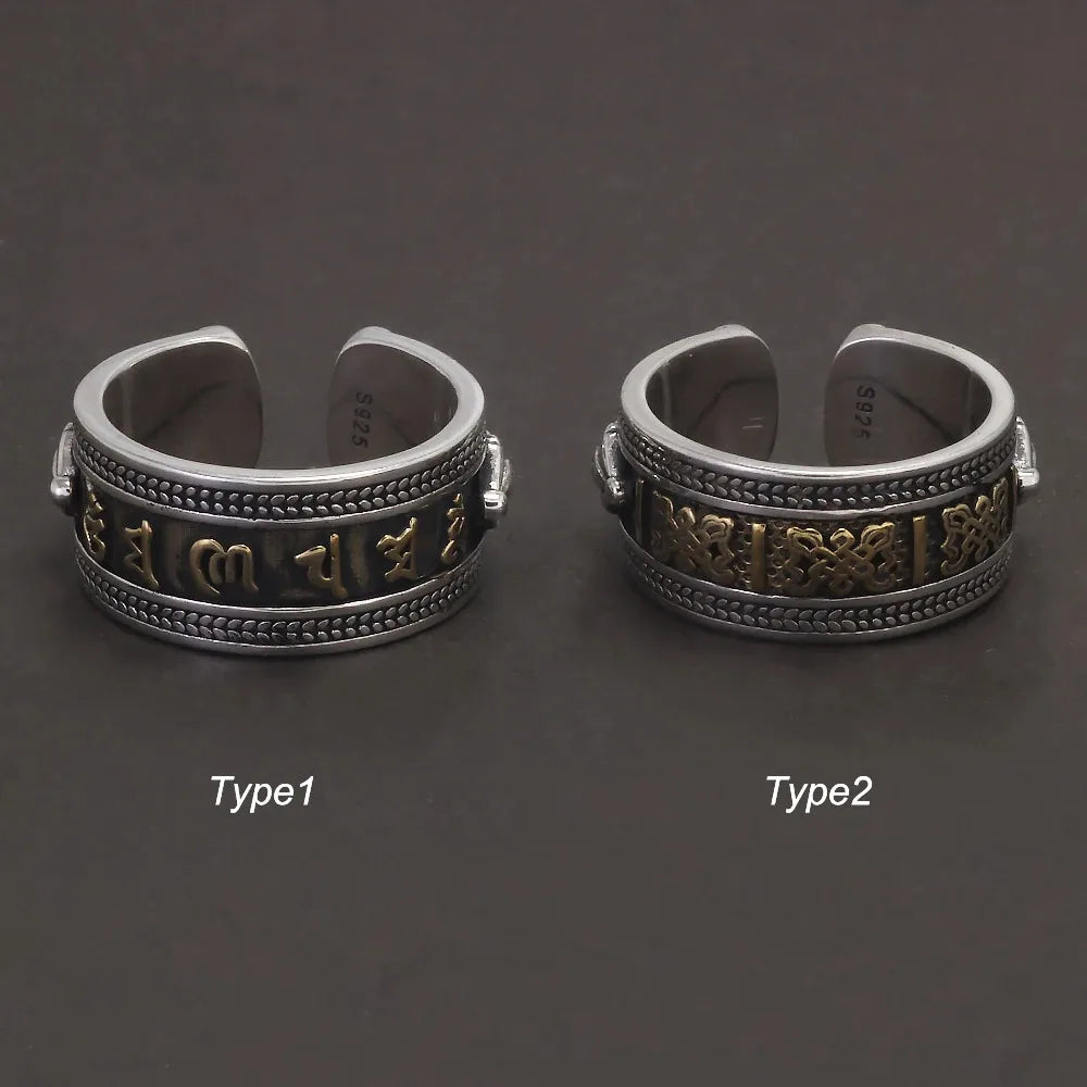 925 Sterling Silver Six Word Mantra Vajra Ring for Men Women Auspicious Knot Vintage Retro Buddhist Spiritual Protection Jewelry