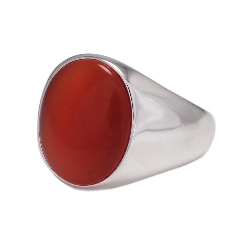 S925 Sterling Silver Natural Stone Rings for Men Red Black Color Agate Turkish Handmade Jewelry Luxury Ring Smooth Simple Design - GQTORCH Jewelry