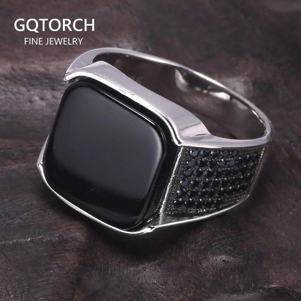 Guaranteed 925 Sterling Silver Rings Antique Turkish Ring Jewellery For Men With Square Black Natural Stones Simple Design - GQTORCH Jewelry