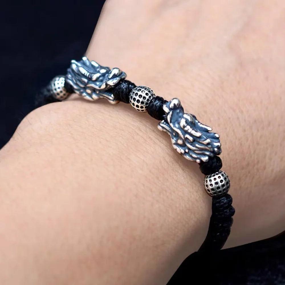 Sterling Silver 999 3D Double Dragon Head Bracelet for Men and Women Pure Handwoven Lucky Rope Bracelet Chinese Knot Jewelry - GQTORCH Jewelry