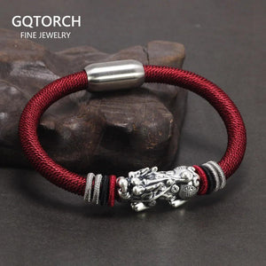 Real 999 Sterling Silver Pixiu Bracelet for Men and Women Magnetic Clasp Hand Braided Lucky Knot Retro Thai Amulet Jewelry - GQTORCH Jewelry