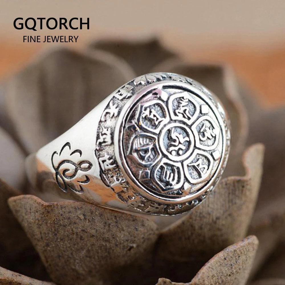 Real Solid 925 Sterling Silver Jewelry Vintage Buddha Six Words' Mantra Rings For Women And Men Bijouterie Fine - GQTORCH Jewelry