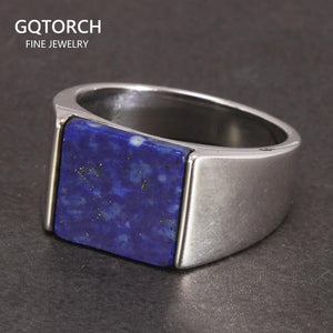 Solid 925 Sterling Silver Square Lapis Lazuli Agate Ring for Men Natural Gemstone Simple Classic Male Jewelry - GQTORCH Jewelry