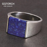 Solid 925 Sterling Silver Square Lapis Lazuli Agate Ring for Men Natural Gemstone Simple Classic Male Jewelry - GQTORCH Jewelry