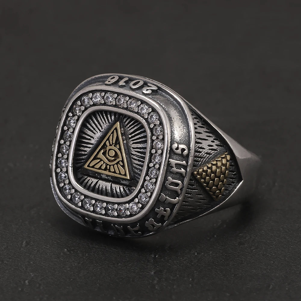 925 Sterling Silver Retro Eye of Providence Signet Ring for Men All Seeing Eyes Rings Punk Fashion Protective Jewelry