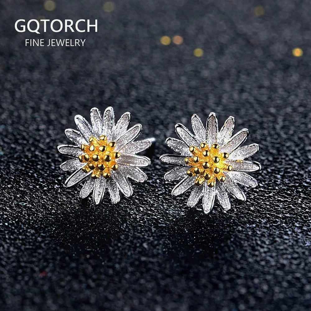 925 Sterling Silver Daisy Stud Earrings Ring Necklace Bracelet Jewelry Set for Women Fashion Trendy Cute Jewelry