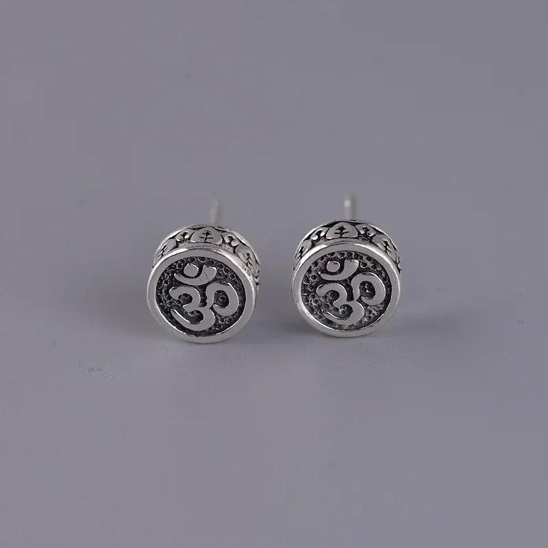 Real 925 Sterling Silver OM Mantra Stud Earrings For Women and Men Retro Antique Style Six-Word Sutra Buddhism Jewelry - GQTORCH Jewelry
