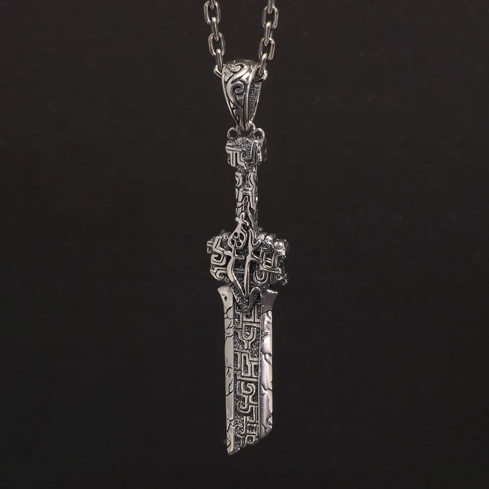 S925 Sterling Silver Broken Sword Pendant Necklace Antique Retro Punk Viking Jewelry Gift