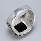 Vintage Punk Silver 925 Jewelry Square Black Stone Rings For Men Engraved Retro Flowers Turkish Signet Man Rings - GQTORCH Jewelry