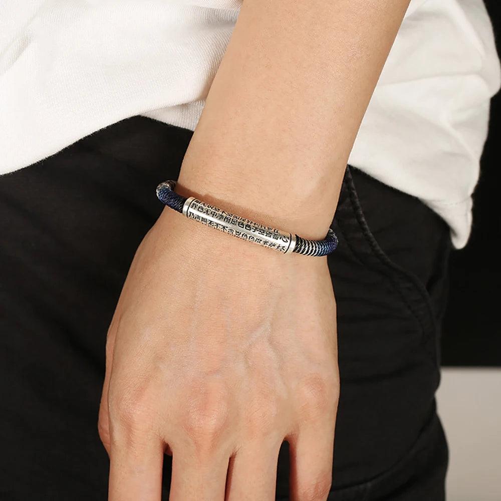 Men's Handwoven Rope Bracelet 999 Sterling Silver Tube Heart Sutra Carved Curved Lucky Rope Adjustable Chain Religious Jewelry - GQTORCH Jewelry