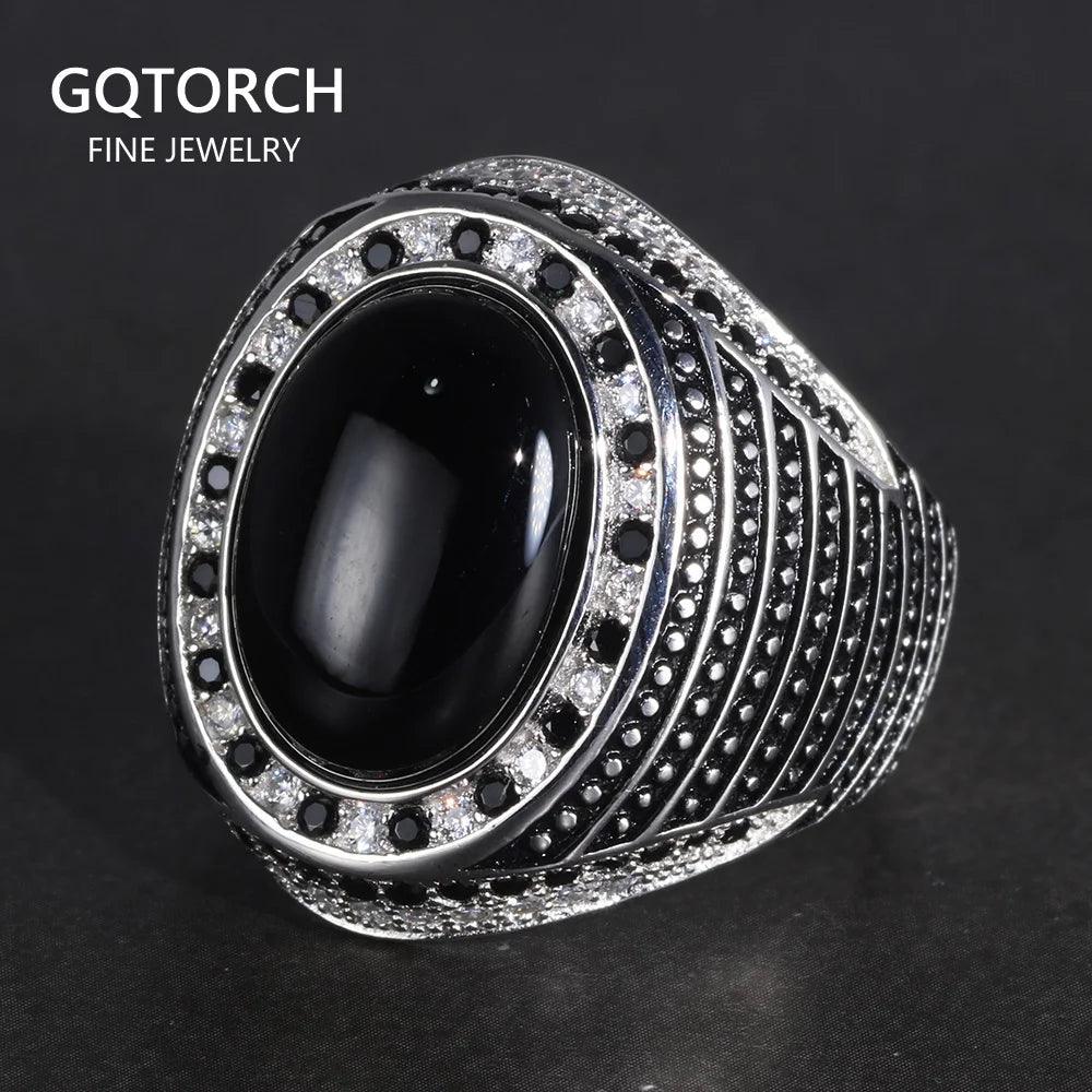 Real Pure 925 Sterling Silver Rings For Men With Natural Onyx paved with Black Zircon Turkish Finger Rings Man Wedding Band - GQTORCH Jewelry