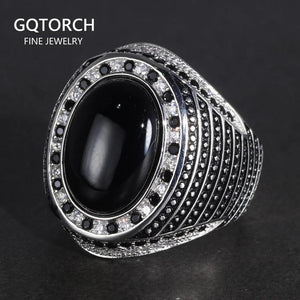 Real Pure 925 Sterling Silver Rings For Men With Natural Onyx paved with Black Zircon Turkish Finger Rings Man Wedding Band - GQTORCH Jewelry