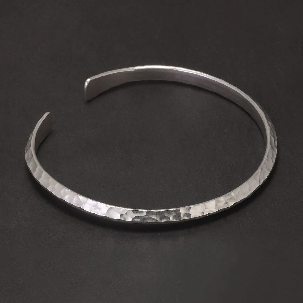 Solid 925 Sterling Silver Hammered Bangle 4mm Open Cuff Bracelet for Women Men Urban Minimalist Chic Retro Party Jewelry