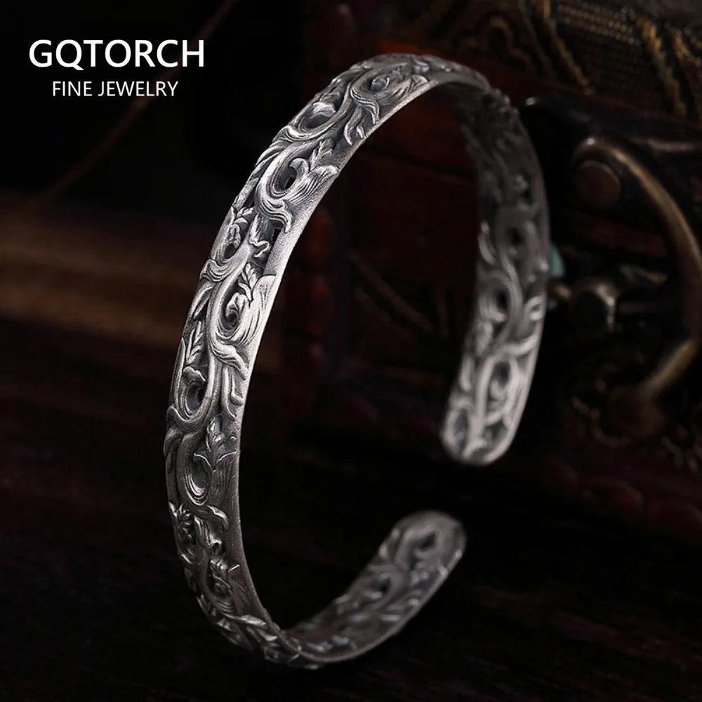 S925 Sterling Silver Bracelet for Women Retro Antique Vine Flower Pattern Engraved Ethnic Bangles for Women Thai Silver Jewelry - GQTORCH Jewelry
