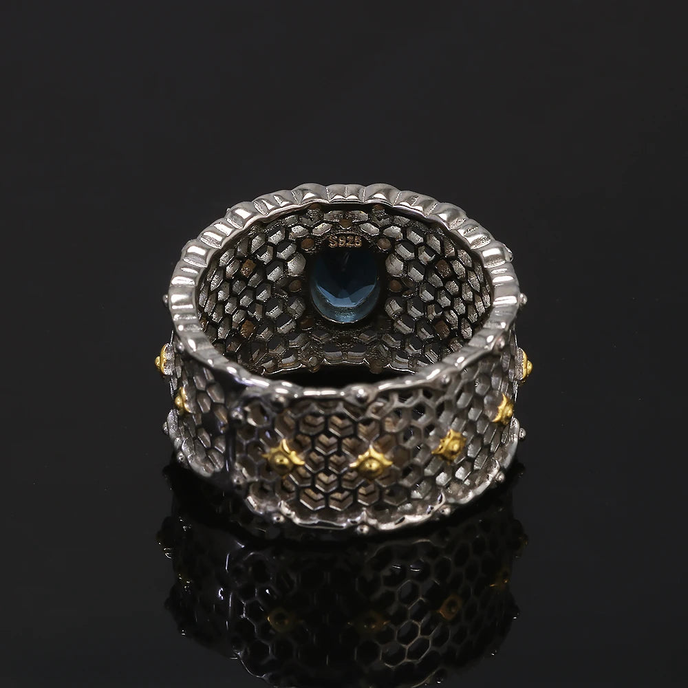 925 Sterling Silver Topaz Stone Women's Wedding Ring Wide Adjustable Hollow Out Luxury Royal Style Vintage Fashion Jewelry