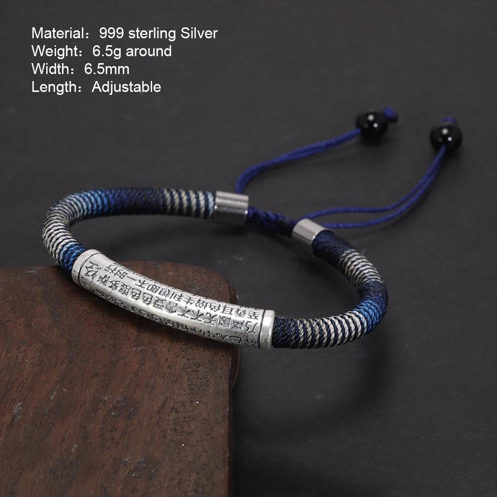 Men's Handwoven Rope Bracelet 999 Sterling Silver Tube Heart Sutra Carved Curved Lucky Rope Adjustable Chain Religious Jewelry - GQTORCH Jewelry