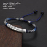 Men's Handwoven Rope Bracelet 999 Sterling Silver Tube Heart Sutra Carved Curved Lucky Rope Adjustable Chain Religious Jewelry - GQTORCH Jewelry