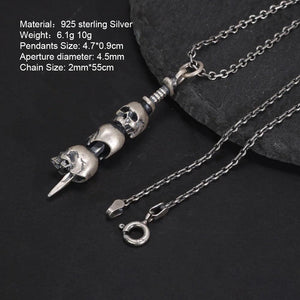 Real S925 Sterling Silver The Sword Pass Through Skulls Pendant for Men and Women Vintage Gothic Style Necklace Chain - GQTORCH Jewelry