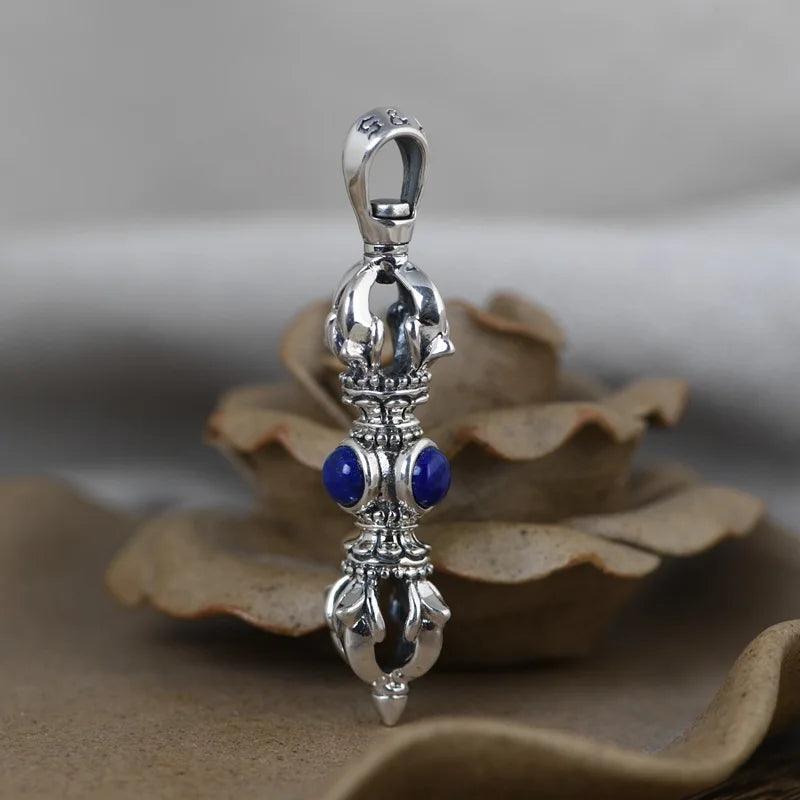 Real Solid 925 Sterling Silver Buddhism Vajra Pendant For Men and Women with Natural Lapis Turquoise Onyx Stone Amulet Jewelry - GQTORCH Jewelry