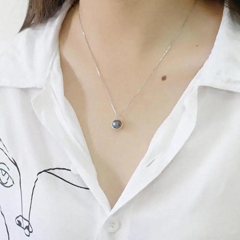 Real Pure 925 Sterling Silver Labradorite Pendant Necklace With Box Chain Simple Elegant Natural Gemstone Collier For Women - GQTORCH Jewelry