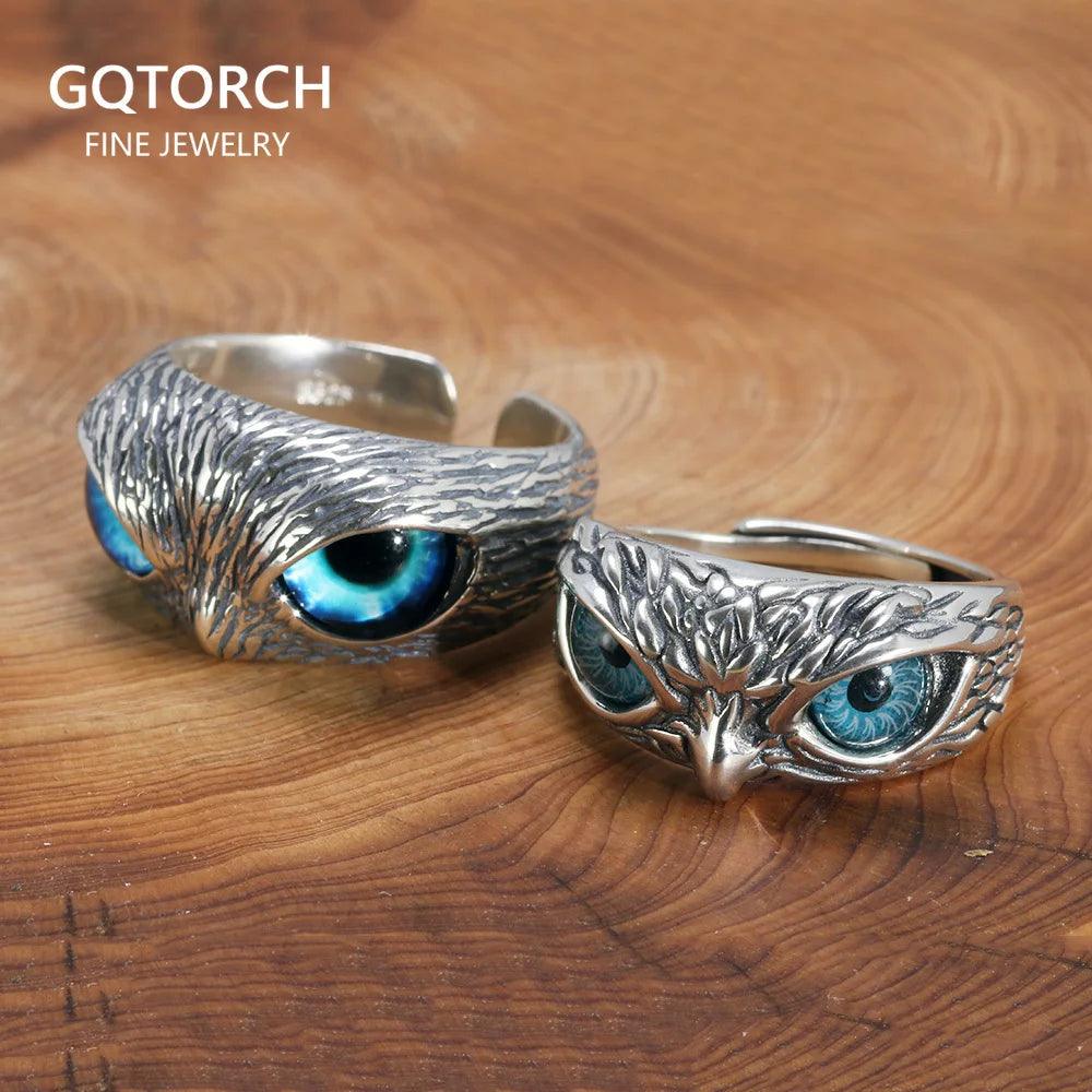 Real 925 Sterling Silver Demon Eye Owl Ring For Women Girl Lovers Retro Animal Open Adjustable Ring Statement Ring Jewelry Gift - GQTORCH Jewelry