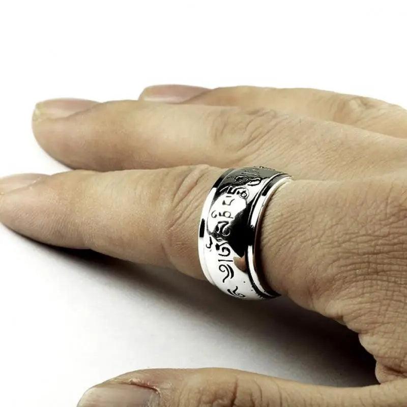 Real 990 Sterling Silver Mantra Rings Rotatable Shifting Lucky Tibetan Six Words Om Mani Padme Hum Buddha Ring For Men And Women - GQTORCH Jewelry