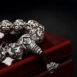 Real Solid 990 Silver Buddhist Bracelet Mens Mantra Beads Carved Six Words Om Mani Padme Hum For Tibetan Prayer Elastic Rope - GQTORCH Jewelry