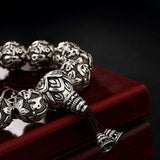 Real Solid 990 Silver Buddhist Bracelet Mens Mantra Beads Carved Six Words Om Mani Padme Hum For Tibetan Prayer Elastic Rope - GQTORCH Jewelry