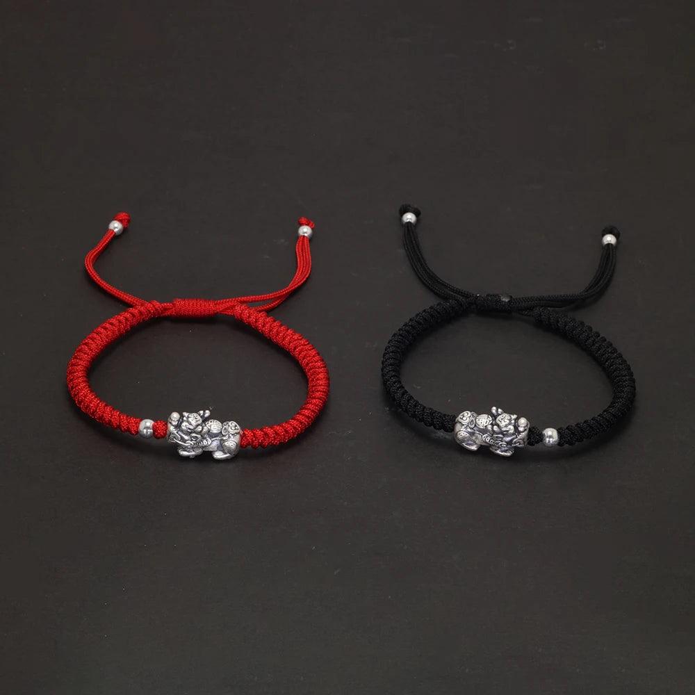 Hand braided Lucky Red Rope Bracelet 999 Sterling Silver 3D Pixiu Tibetan Buddhist Knot Adjustable Charm Bracelet - GQTORCH Jewelry